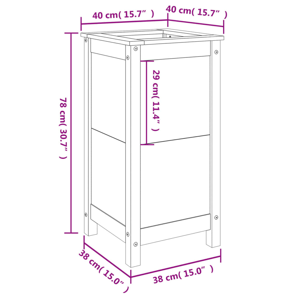 Eine Illustration eines Holzschranks mit Maßangaben in cm und Zoll. Es ist ein einfaches Design mit rechteckiger Form.