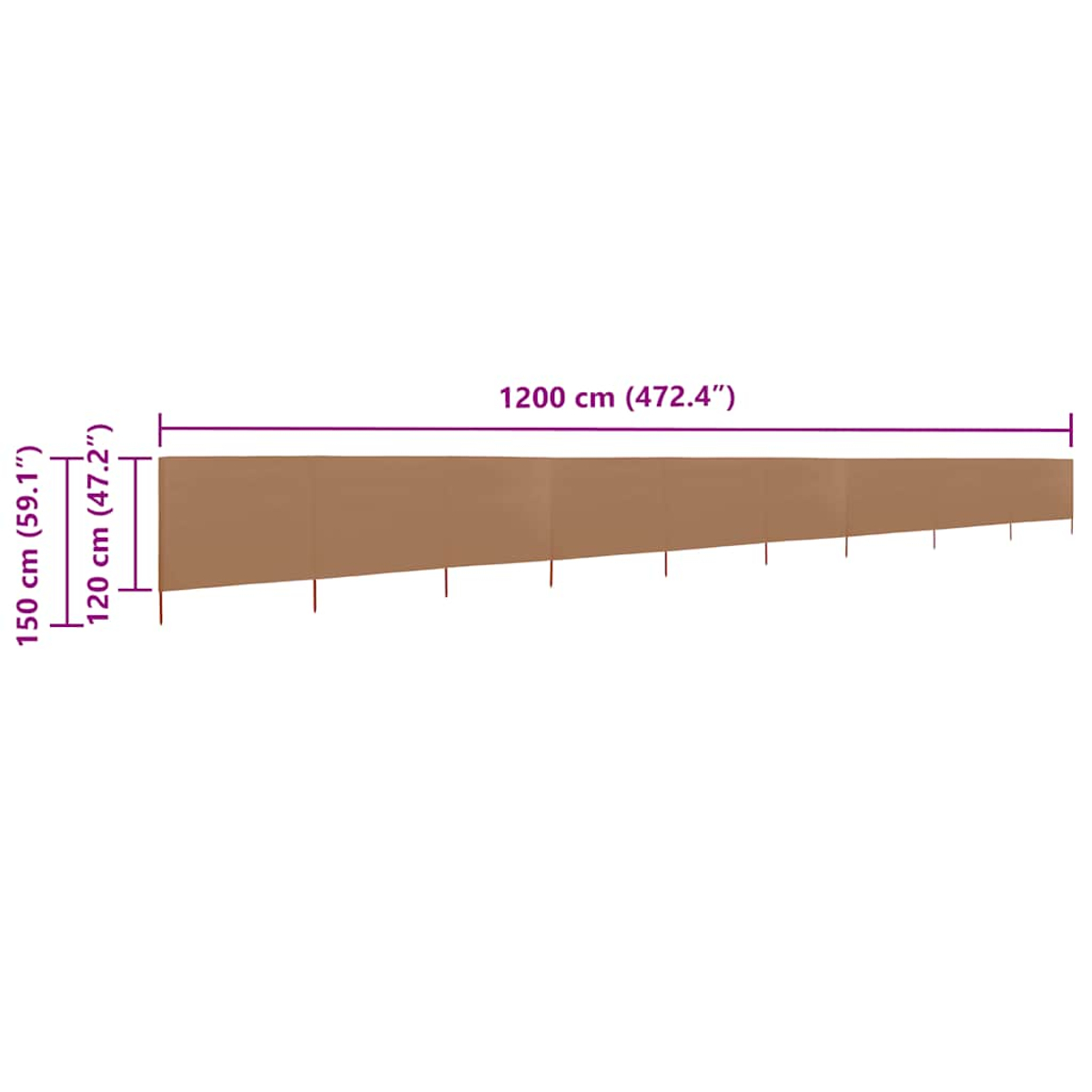 Ein braunes rechteckiges Objekt, beschriftet mit den Abmessungen: 150 cm (59,1 Zoll), 120 cm (47,2 Zoll) und 1200 cm (472,4 Zoll).