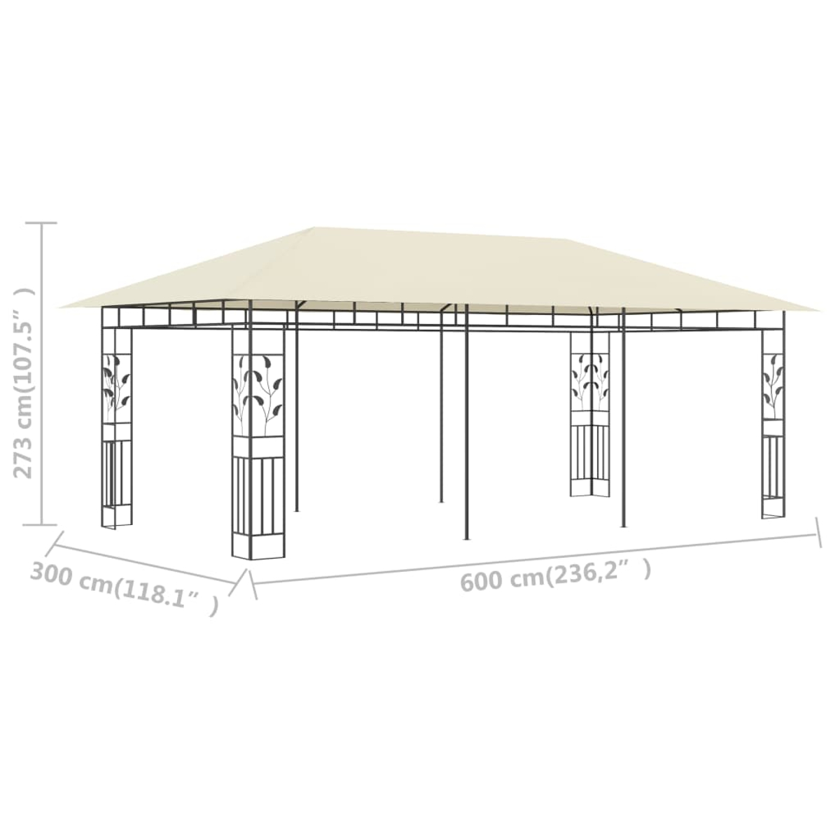 Ein beigefarbener Pavillon mit rechteckigem Baldachin. Er hat schwarze Metallstützen mit Blattmotiven. Maße sind in cm und Zoll angegeben.