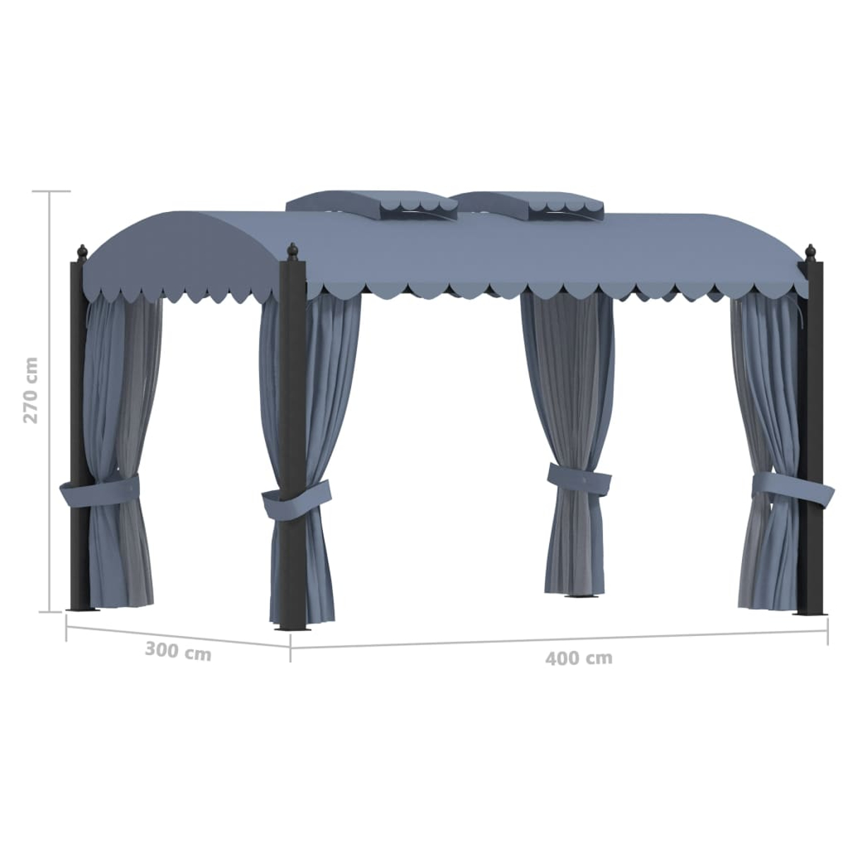 Ein blauer Pavillon mit Vorhängen. Es hat ein Dach mit gewelltem Rand, das von dunklen Säulen getragen wird. Abmessungen: 270 cm Höhe, 300 cm Breite, 400 cm Länge.