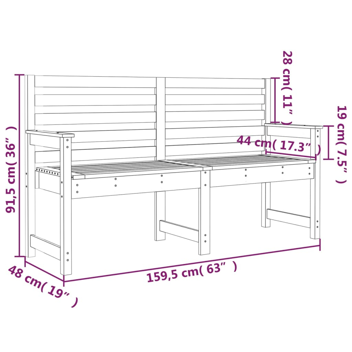 Diagramm einer Holzbank mit Abmessungen in cm und Zoll. Die Bank hat eine Rückenlehne, Armlehnen und eine Sitzfläche.