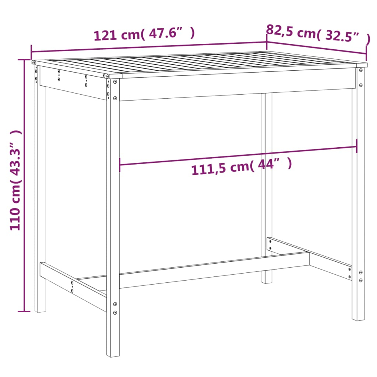 Ein Holztisch mit den angegebenen Maßen: 121 cm (47,6") lang, 82,5 cm (32,5") breit und 110 cm (43,3") hoch.
