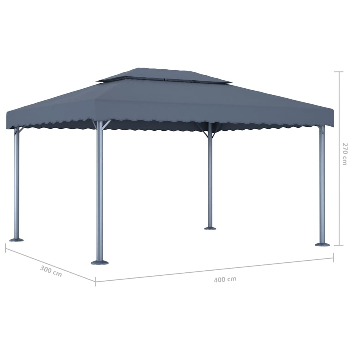 Grauer Pavillon mit Abmessungen. Das Dach ist zweistufig. Pfosten sind silberfarben. Abmessungen: 300x400x270cm.