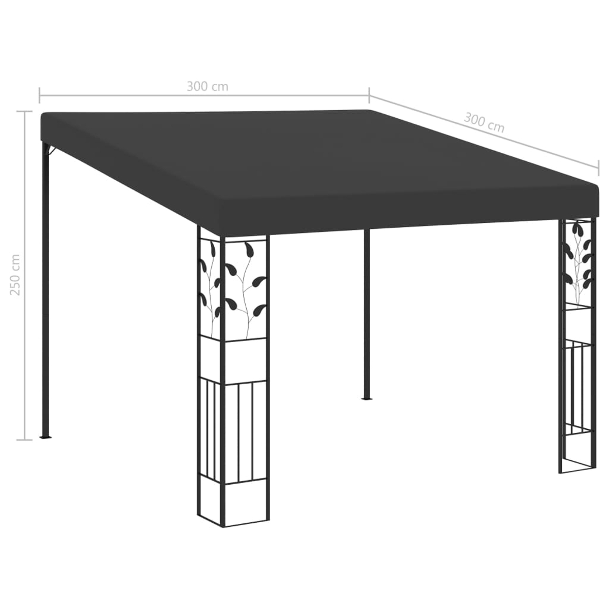 Ein schwarzer Pavillon mit Maßangaben. Er hat ein quadratisches Dach und dekorative schwarze Metallstützen mit Blattmotiven.