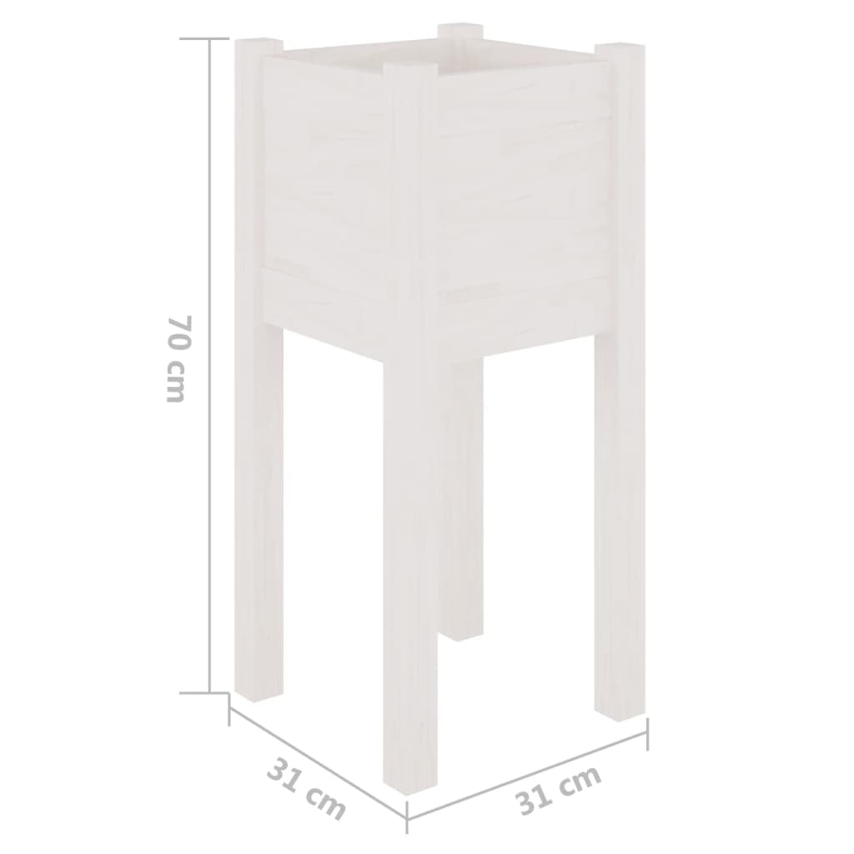 Eine weiße Holzpflanzkasten mit beschrifteten Abmessungen. Er ist 70 cm hoch und 31 cm breit.