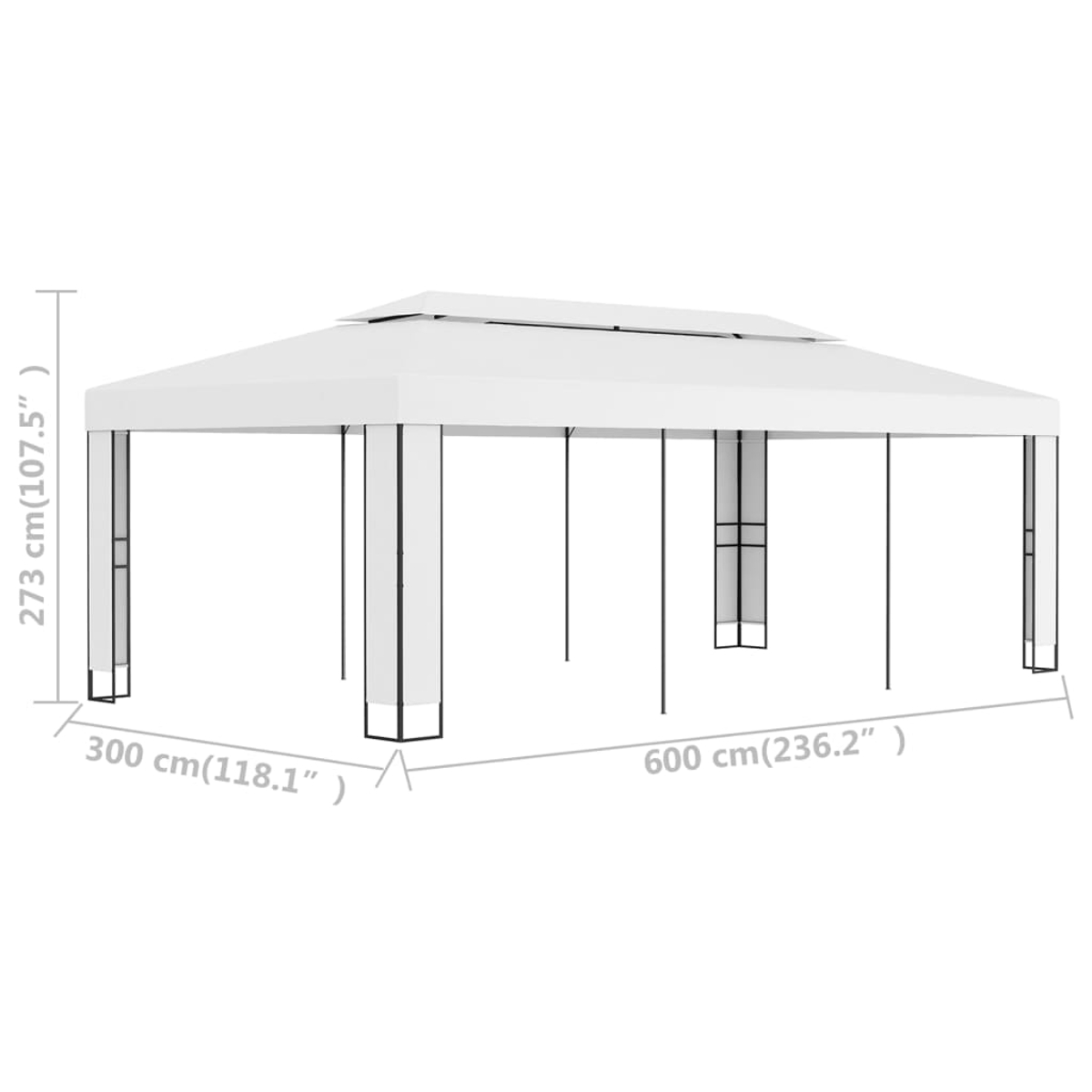 Ein weißer Pavillon mit beschrifteten Abmessungen. Er hat ein rechteckiges Dach und Stützsäulen. Die Abmessungen sind 273 cm x 300 cm x 600 cm.