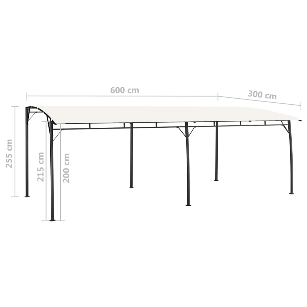 Ein weißes Vordach auf einem schwarzen Metallrahmen. Abmessungen: 600 cm lang, 300 cm breit, 255 cm hoch und 200 cm bis zur unteren Halterung.