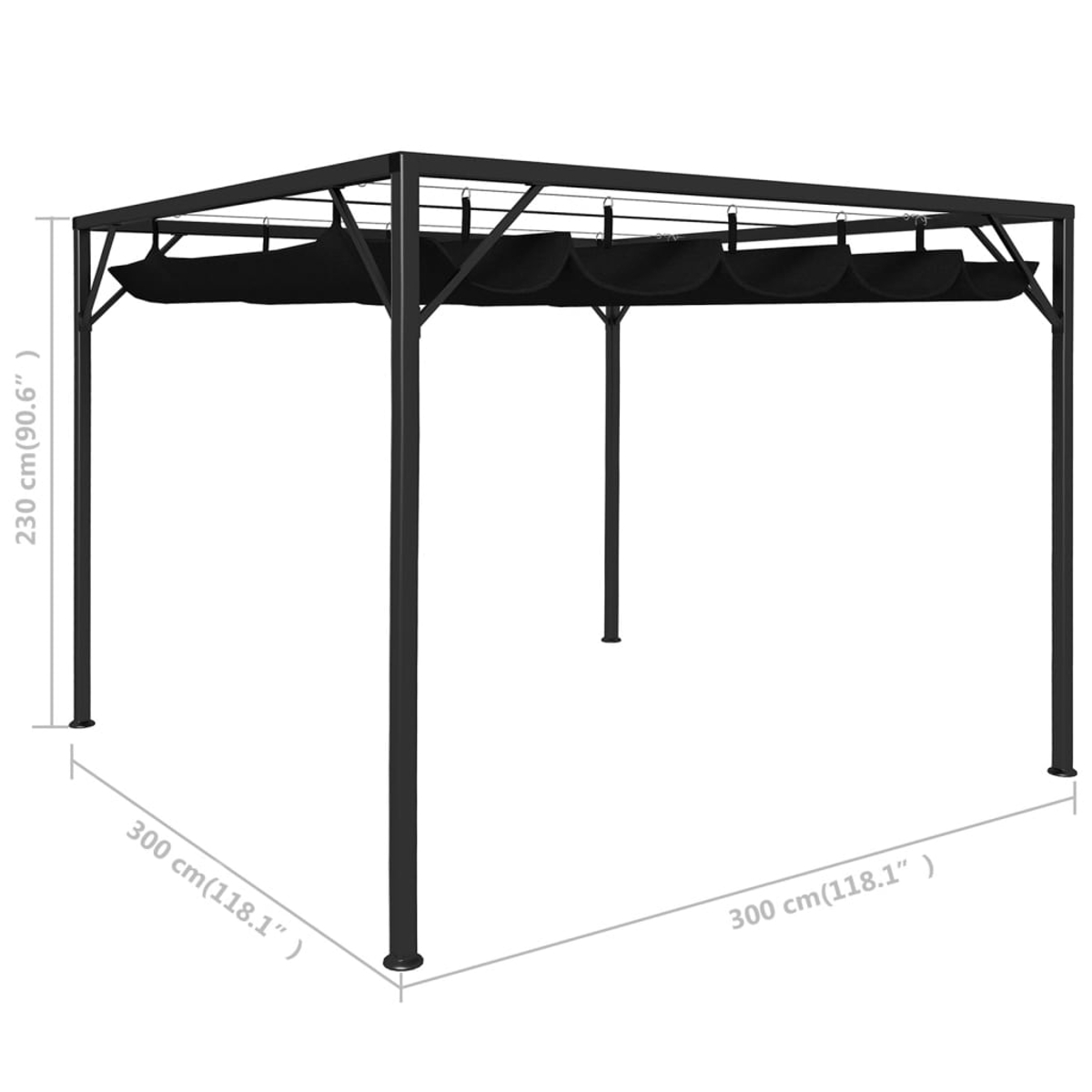 Ein schwarzer Metallpavillon mit rechteckigem Rahmen, getragen von vier Beinen. Schwarzer Stoff hängt von der oberen Struktur herab. Abmessungen sind angegeben.