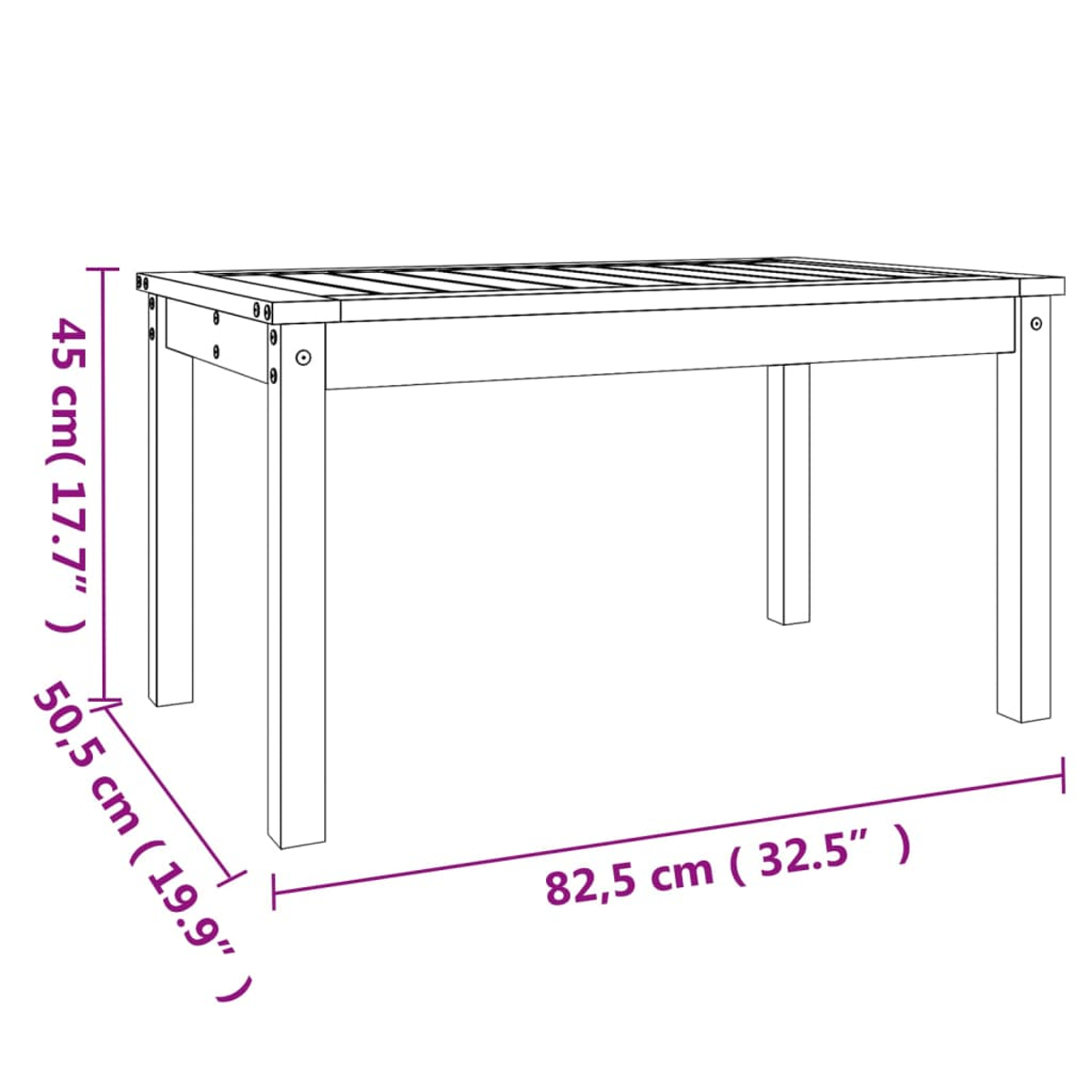 Ein Holztisch mit den Maßen: 82,5 cm lang, 50,5 cm breit und 45 cm hoch. Der Tisch hat eine Lattenoberfläche und vier Beine.