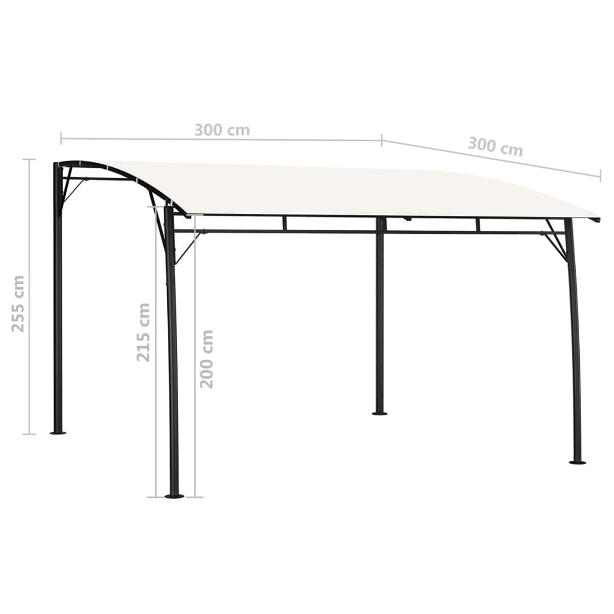 Ein weißes Vordach mit schwarzem Metallrahmen. Maße sind beschriftet: 300 cm Breite, 255 cm Höhe, 215 cm und 200 cm Höhe.