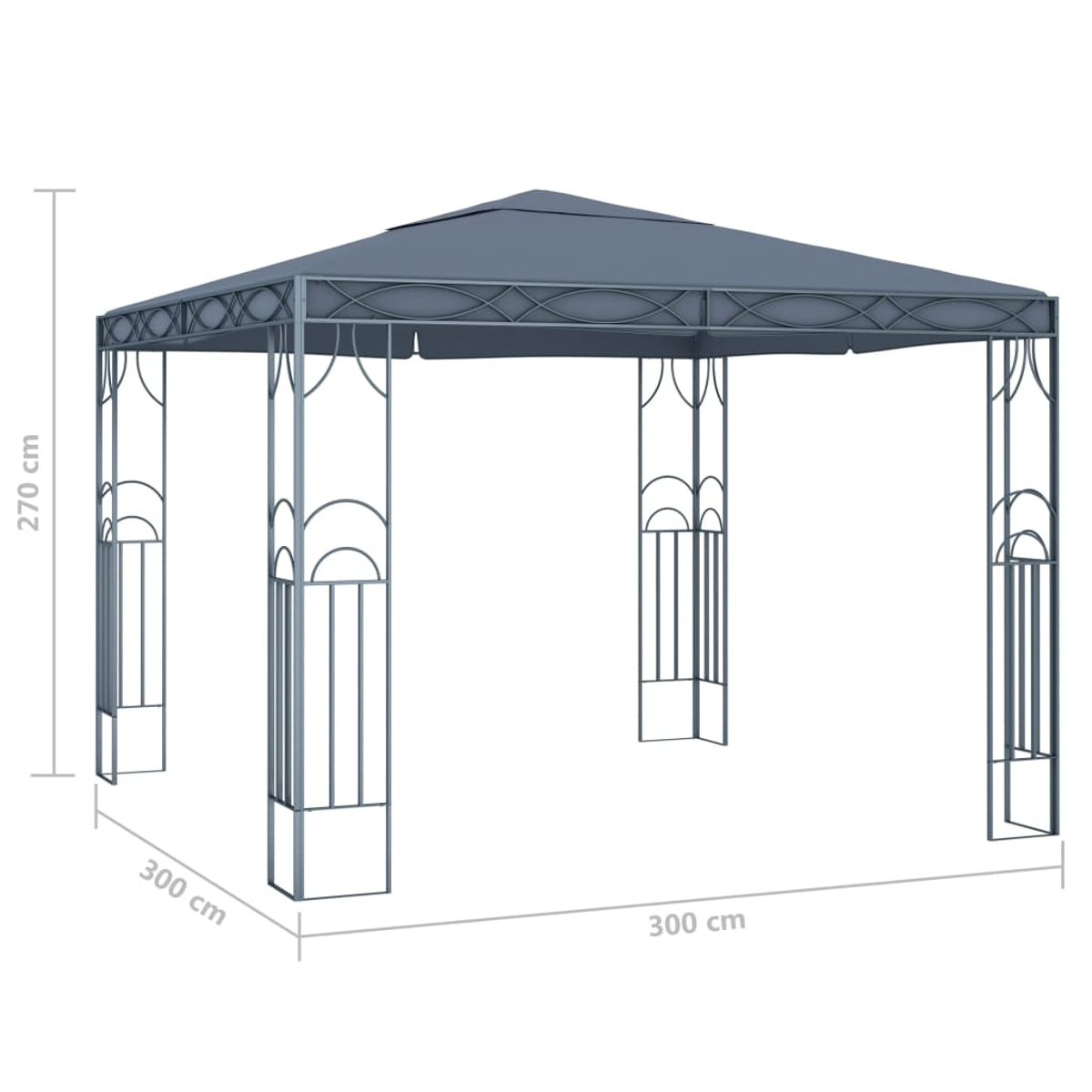 Ein grauer Pavillon mit pyramidenförmigem Dach. Er hat dekorative Metallstützen und die Maße 270 cm hoch und 300 x 300 cm breit.
