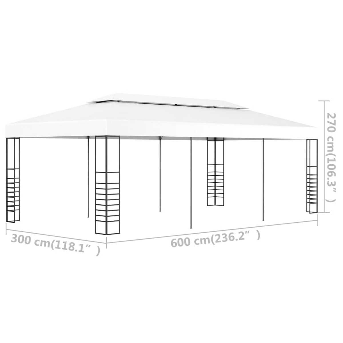 Ein weißer rechteckiger Pavillon mit schwarzem Metallrahmen. Abmessungen: 300x600x270 cm. Er hat ein doppellagiges Dach.