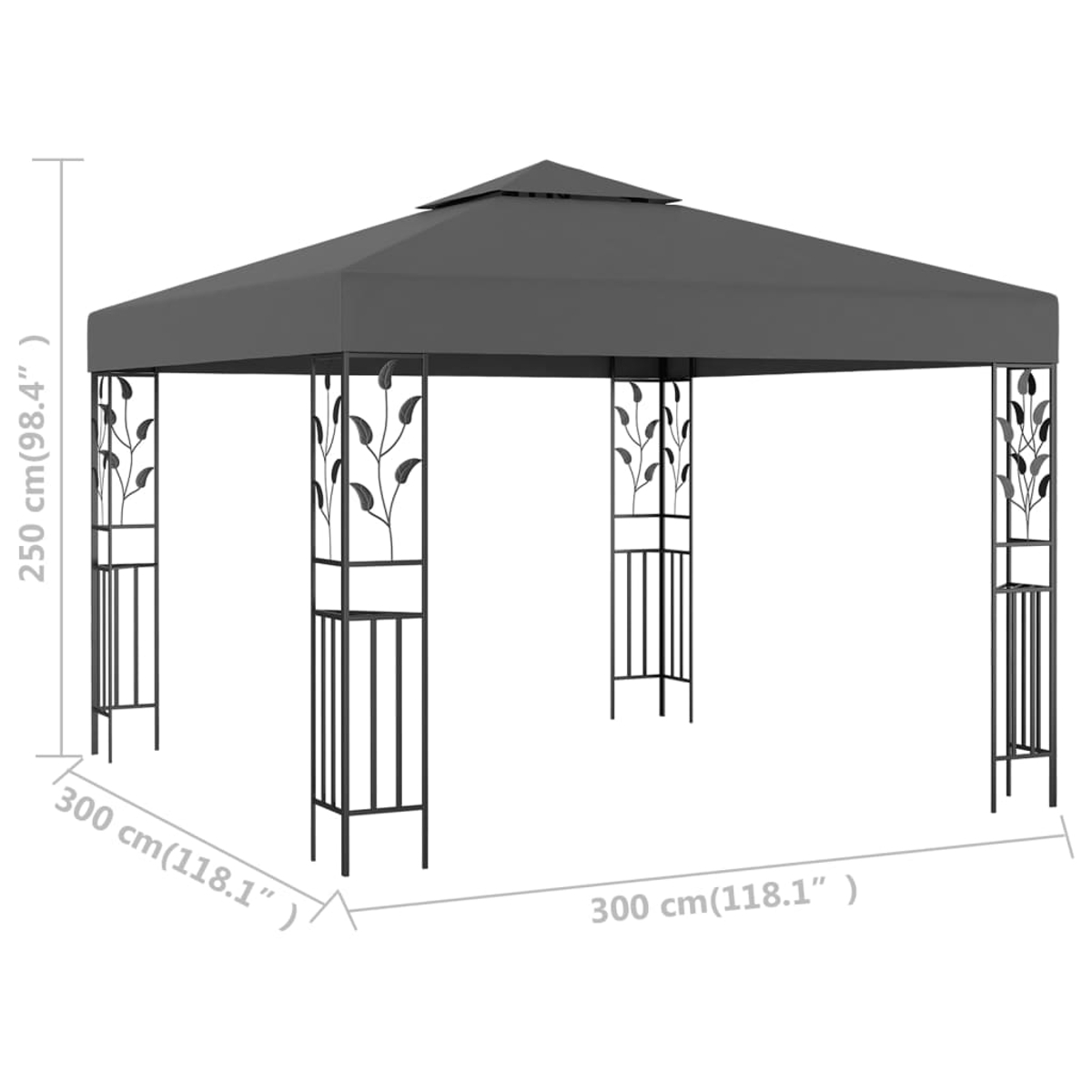 Grauer Pavillon mit quadratischem Dach und blattverzierten Stützen, Abmessungen angegeben. Steht auf weißem Hintergrund, mit Maßen.