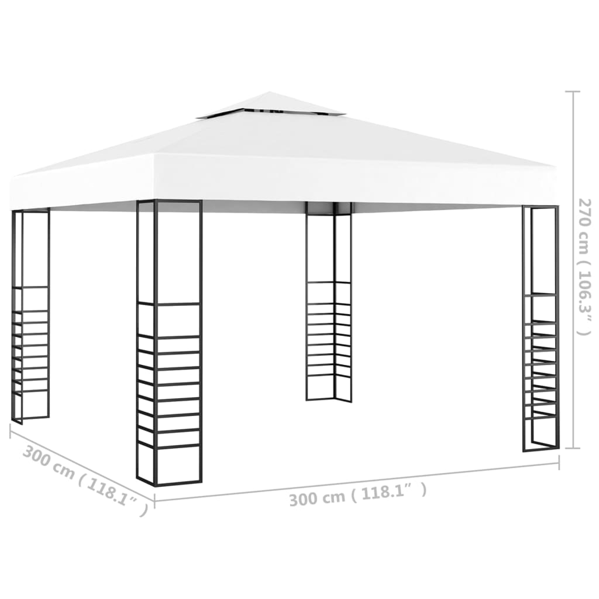 Ein weißer Pavillon mit quadratischem Baldachin und schwarzem Metallrahmen. Abmessungen sind beschriftet: 300cm x 300cm x 270cm.