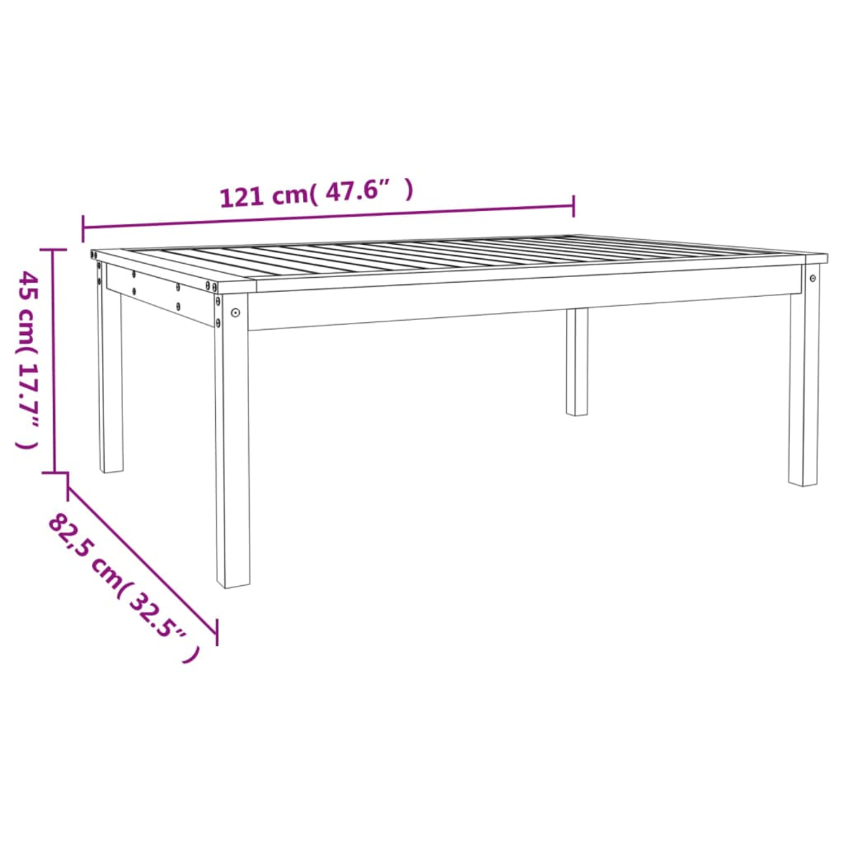 Skizze eines Holztisches mit den angegebenen Abmessungen: 121 cm (47,6"), 45 cm (17,7"), und 82,5 cm (32,5").