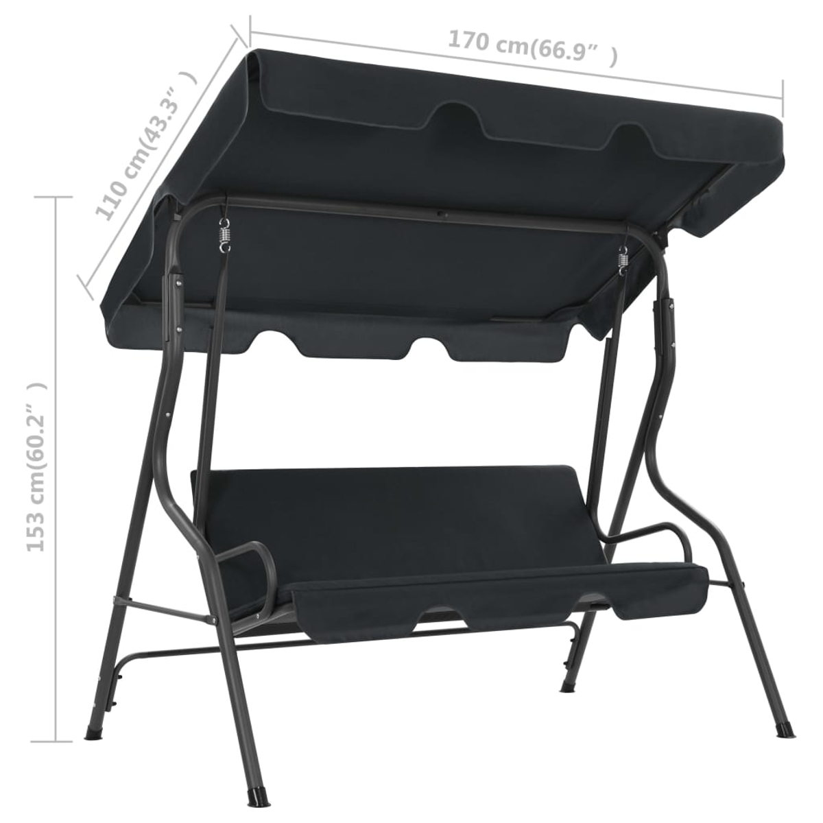 Eine schwarze Metallschaukel mit Baldachin wird gezeigt. Abmessungen sind angegeben: 153 cm hoch, 170 cm breit und 110 cm tief.