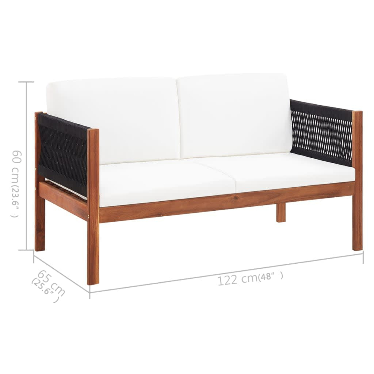 Zweisitzer-Holzsofa mit weißen Kissen und schwarzen Seilakzenten. Maße sind in cm und Zoll angegeben.