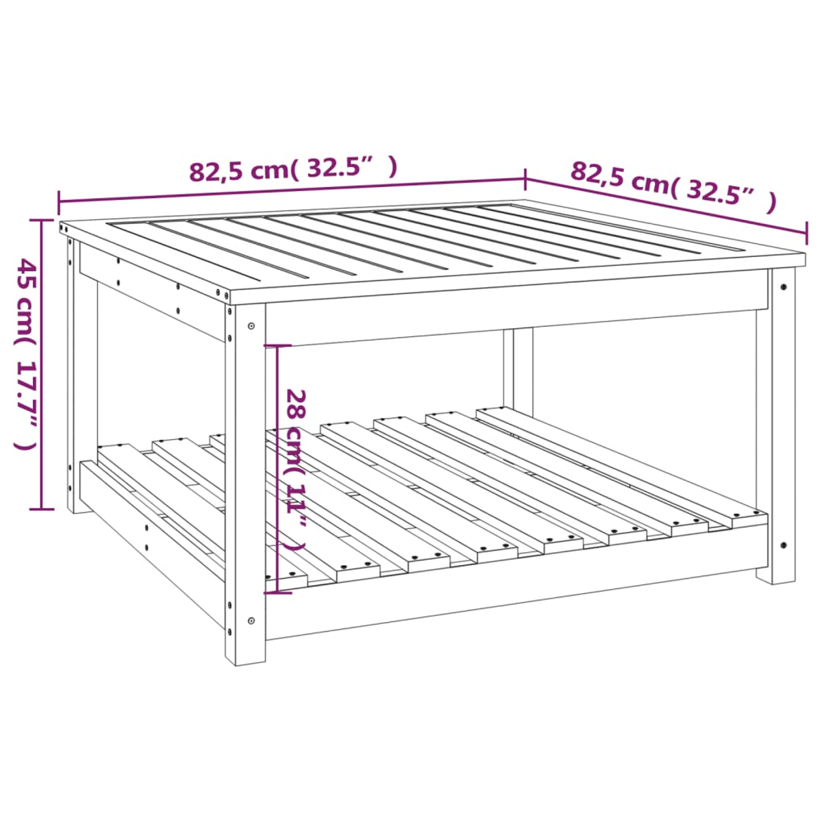 Ein Holztisch mit Maßangaben. Obere und untere Ablagen, Maße in cm und Zoll werden auf dem Bild angezeigt.