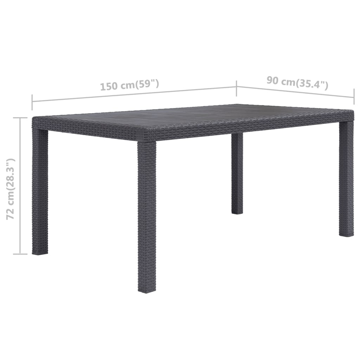 Ein dunkelgrauer rechteckiger Tisch mit Maßangaben. Er ist 150 cm lang, 90 cm breit und 72 cm hoch. Der Tisch hat eine gewebte Textur.