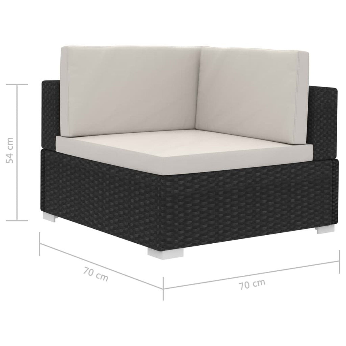 Schwarzes Ecksofa aus Korbgeflecht mit cremefarbenen Kissen. Abmessungen: 70cm x 70cm x 54cm. Weiße Füße sind sichtbar.