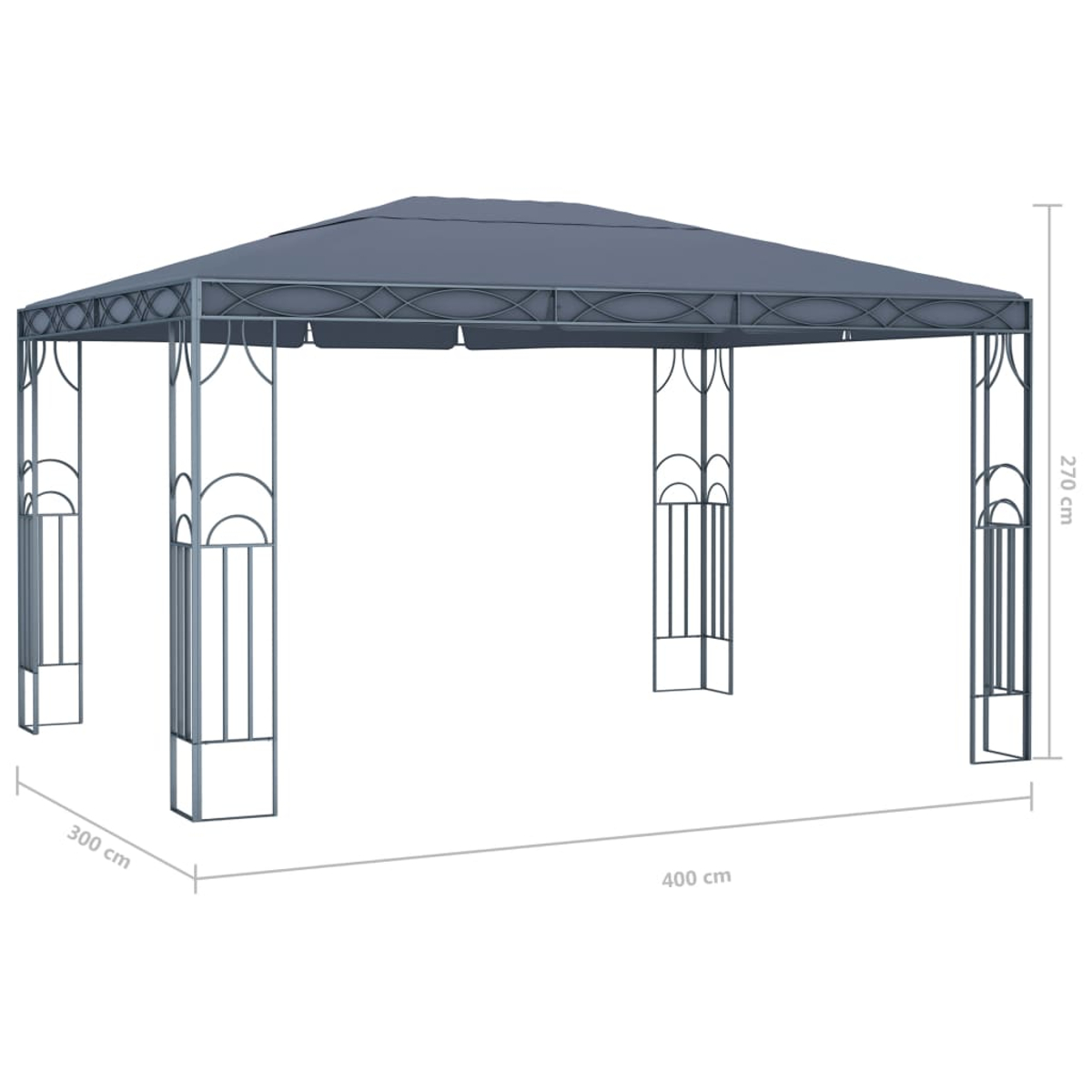 Ein grauer Metallpavillon mit Stoffdach, Maße angegeben. Er steht auf weißem Hintergrund.