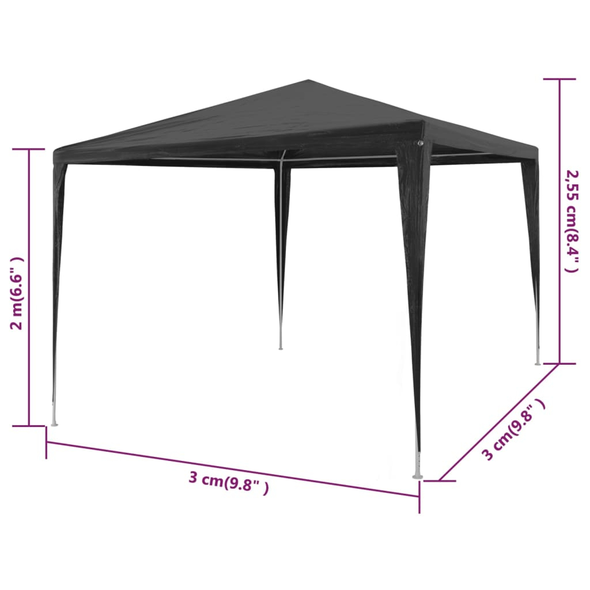 Ein schwarzer Pavillon mit den angegebenen Abmessungen: 3 cm x 3 cm x 2 m x 2,55 cm. Er steht auf weißem Hintergrund.