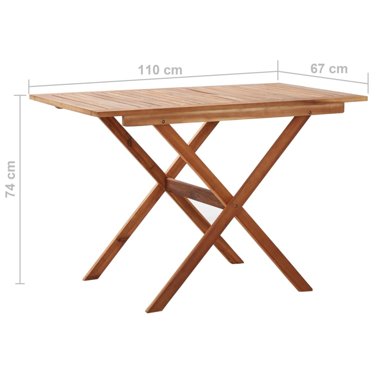 Ein hölzerner Klapptisch. Abmessungen: 110 cm lang, 67 cm breit und 74 cm hoch. Die Beine bilden ein X.