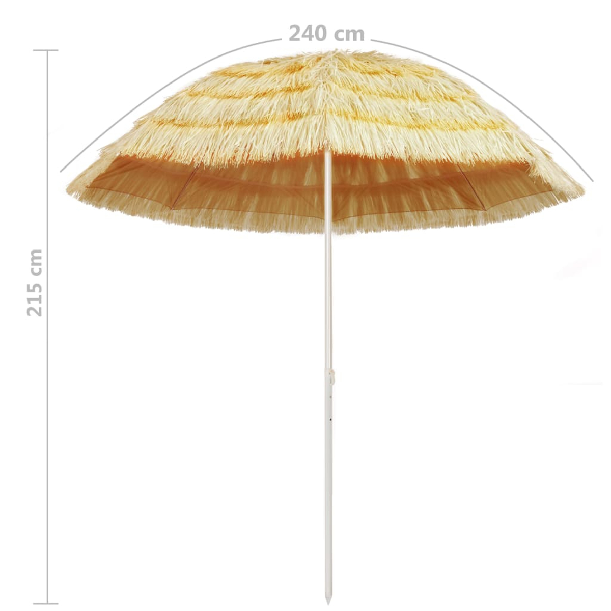 Ein beigefarbener Sonnenschirm, 240 cm breit, 215 cm hoch, mit einem weißen Pfahl. Er besteht aus strohartigem Material.