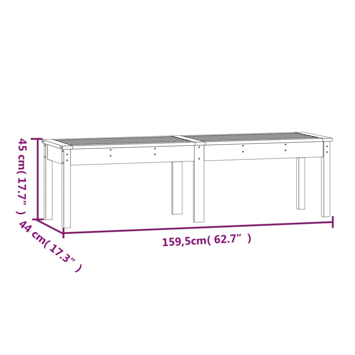 Eine weiße Holzbank mit den angegebenen Abmessungen: 45 cm hoch, 44 cm tief und 159,5 cm lang.