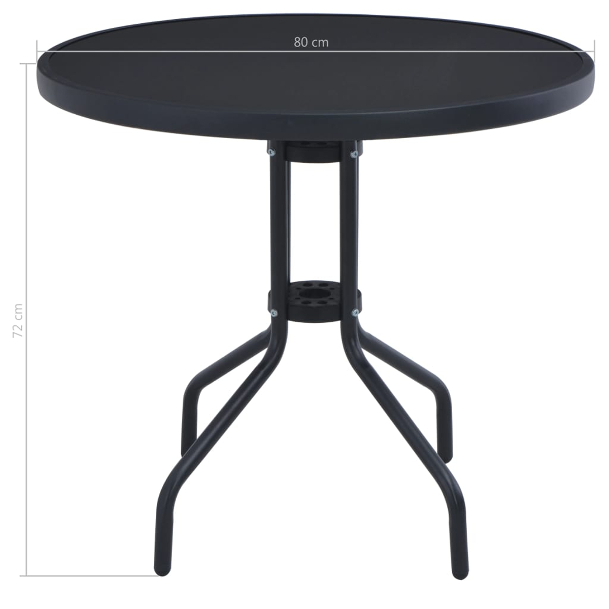 Ein schwarzer, runder Tisch mit Metallgestell. Der Tisch hat einen Durchmesser von 80 cm und ist 72 cm hoch. Die Beine sind gebogen.