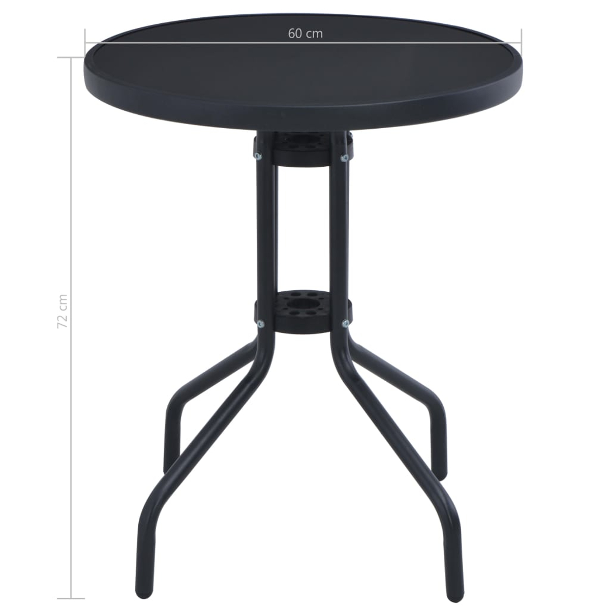 Ein schwarzer runder Tisch mit drei Beinen. Er ist 60 cm breit und 72 cm hoch. Der Tisch steht auf weißem Hintergrund.