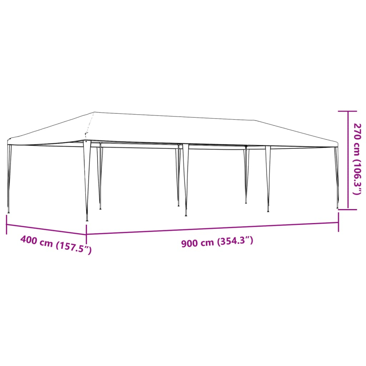 Ein weißer rechteckiger Pavillon mit beschrifteten Abmessungen. Er hat ein Dach und Stützbeine. Maße: 400 cm, 900 cm und 270 cm.