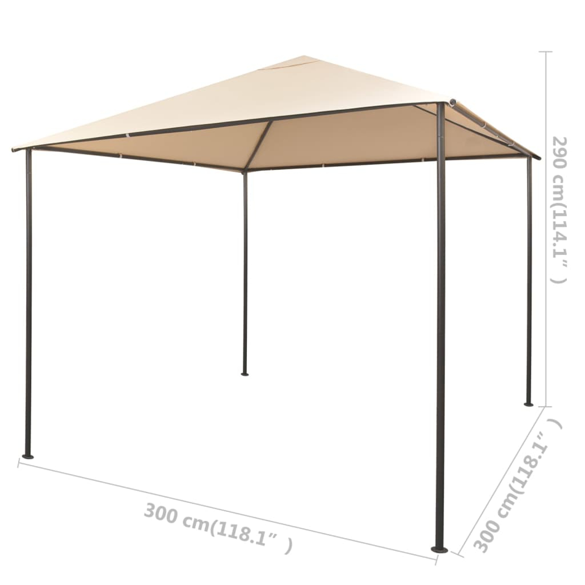 Ein beigefarbenes Vordachzelt mit dunklem Metallrahmen. Maße sind angegeben: 300 cm x 300 cm, Höhe 290 cm.