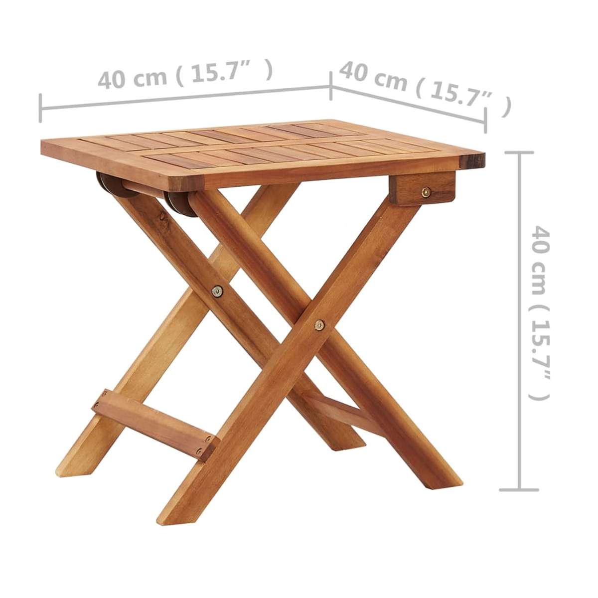 Ein kleiner, zusammenklappbarer Holztisch wird gezeigt. Der Tisch ist braun und hat ein X-förmiges Gestell. Maße in cm und Zoll.