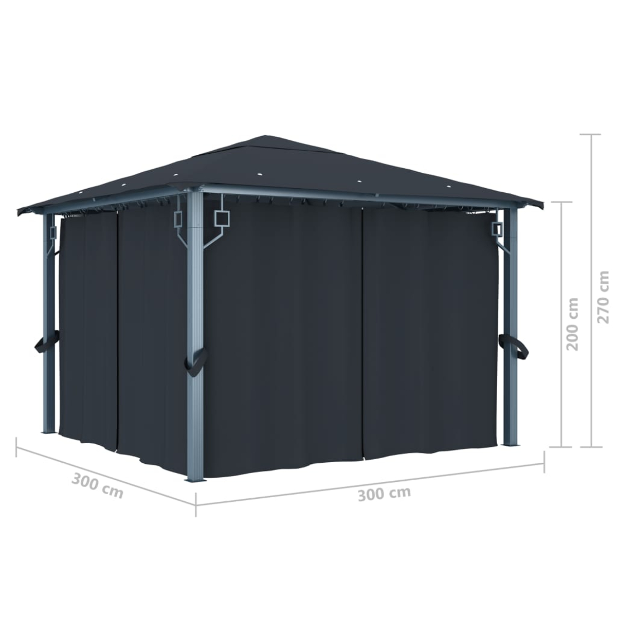 Dunkelgrauer Pavillon mit Vorhängen. Abmessungen sind 300 cm x 300 cm. Höhe 270 cm. Vorhänge sind dunkelgrau.