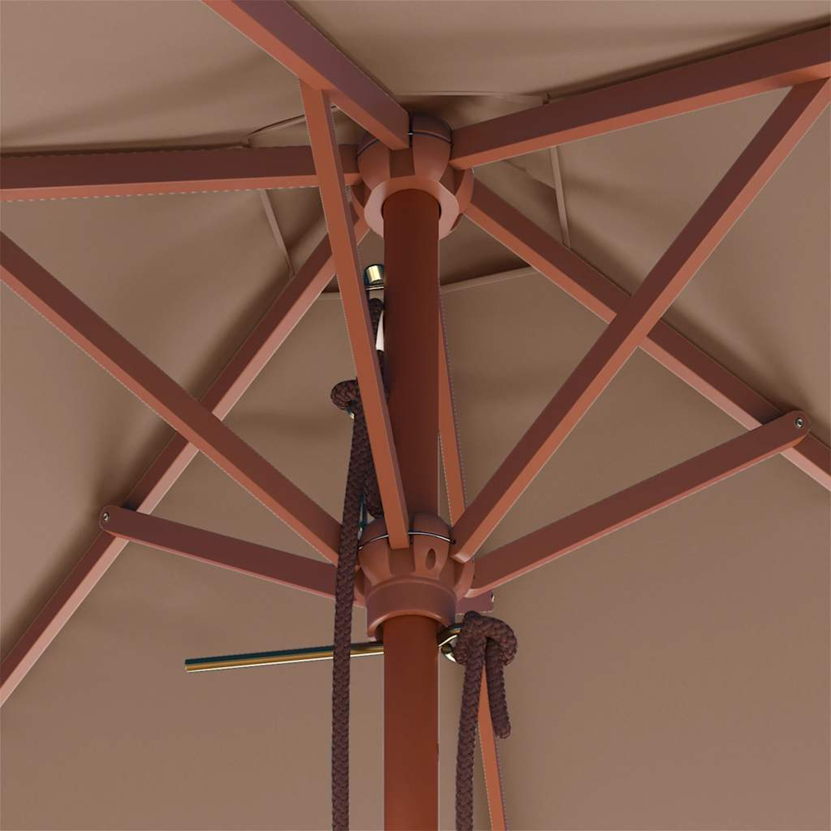 Nahaufnahme des Rahmens und des Baldachins eines braunen Sonnenschirms. Der Rahmen ist aus Holz und der Baldachin ist braun.