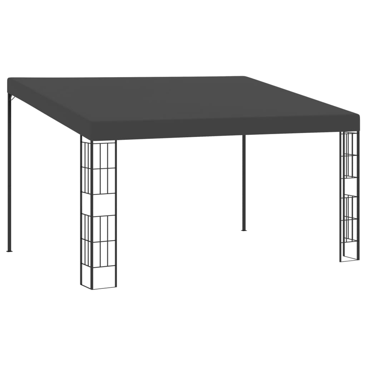 Ein schwarzer Pavillon mit quadratischem Dach. Er hat einen schwarzen Metallrahmen und Stützbalken. Der Hintergrund ist weiß.