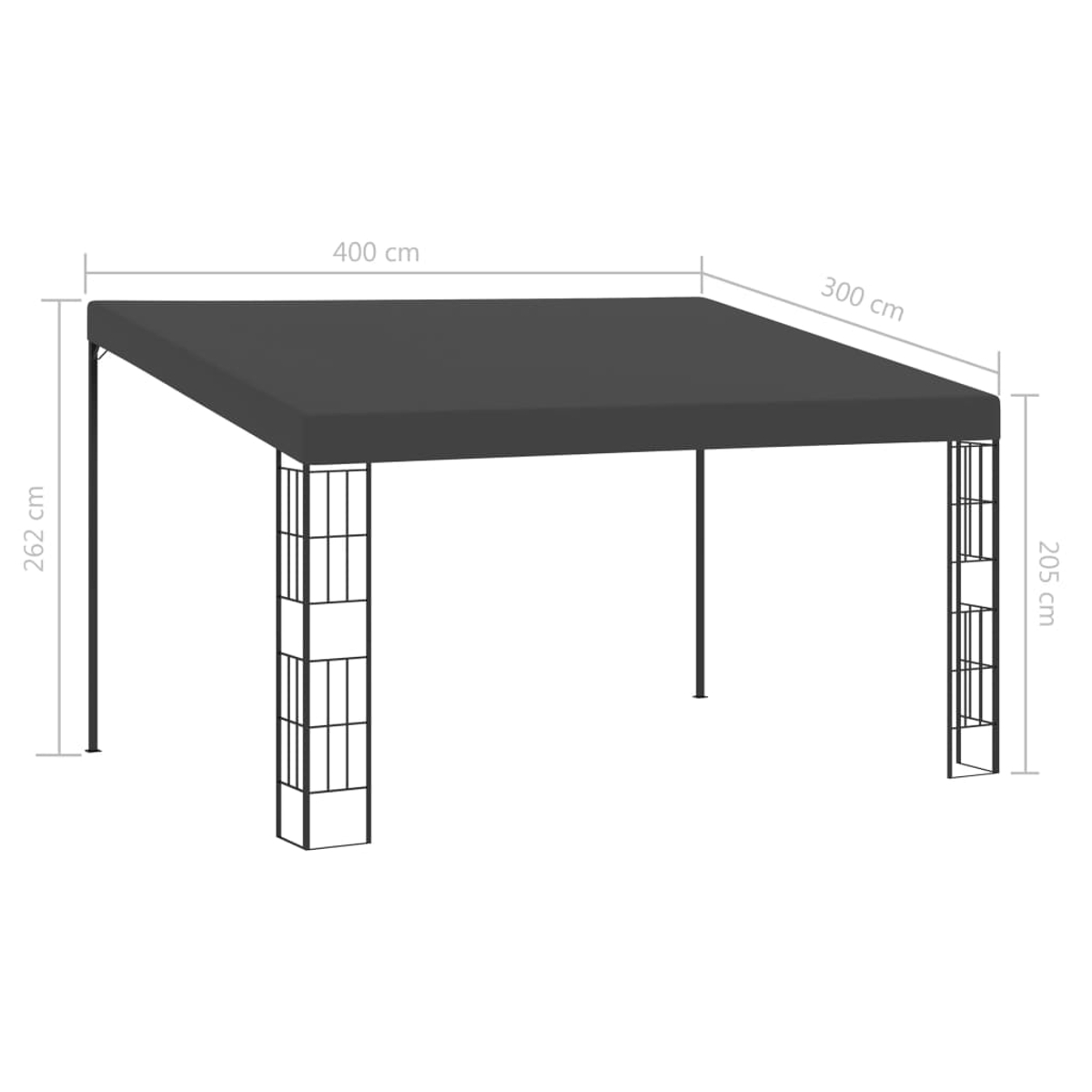 Ein graues Vordach mit schwarzem Metallrahmen. Abmessungen sind beschriftet: 400 cm x 300 cm, Höhe 262 cm, Säulen 205 cm.