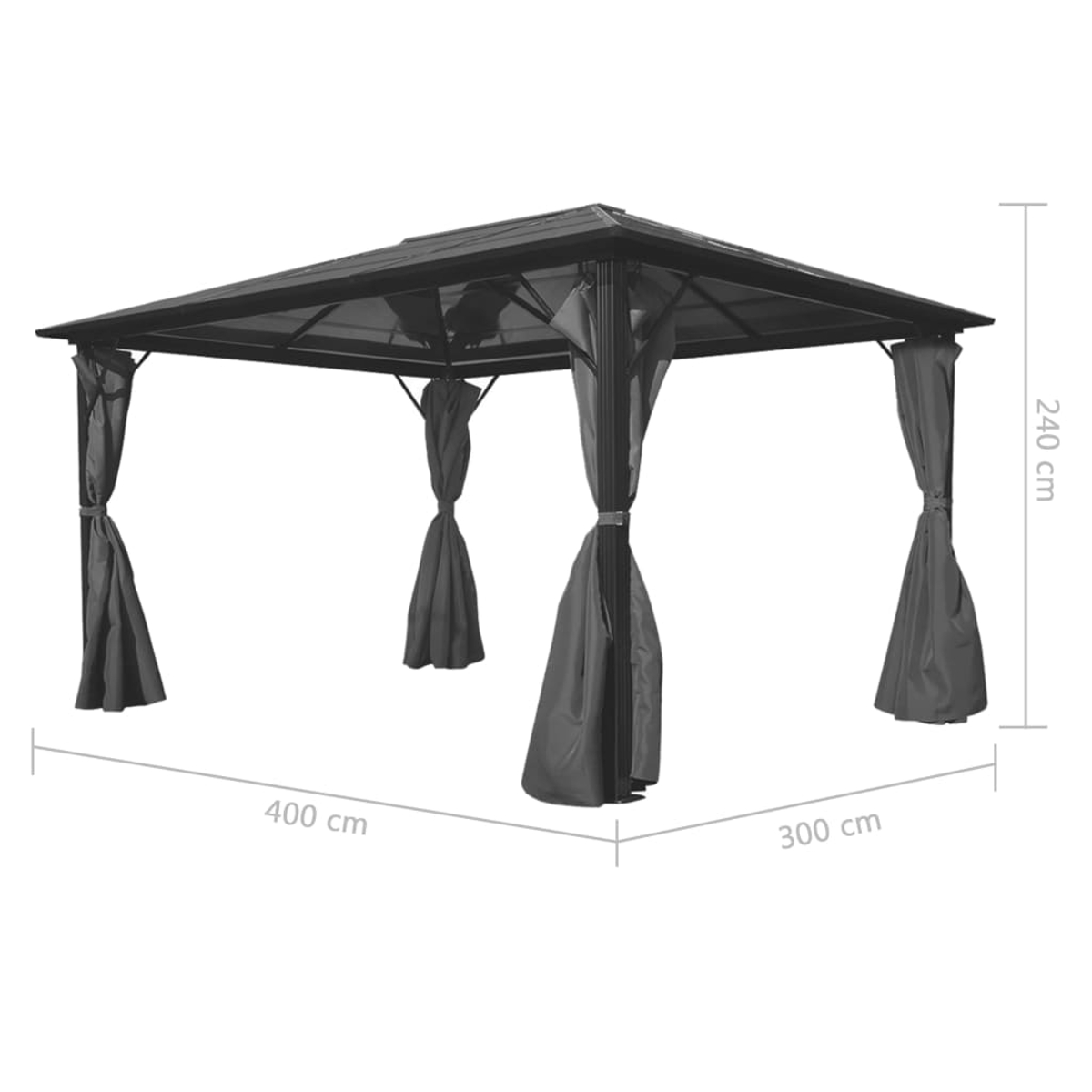 Dunkelgrauer Pavillon mit Vorhängen. Abmessungen: 400cm x 300cm, 240cm hoch. Metallrahmen und Stoffvorhänge.