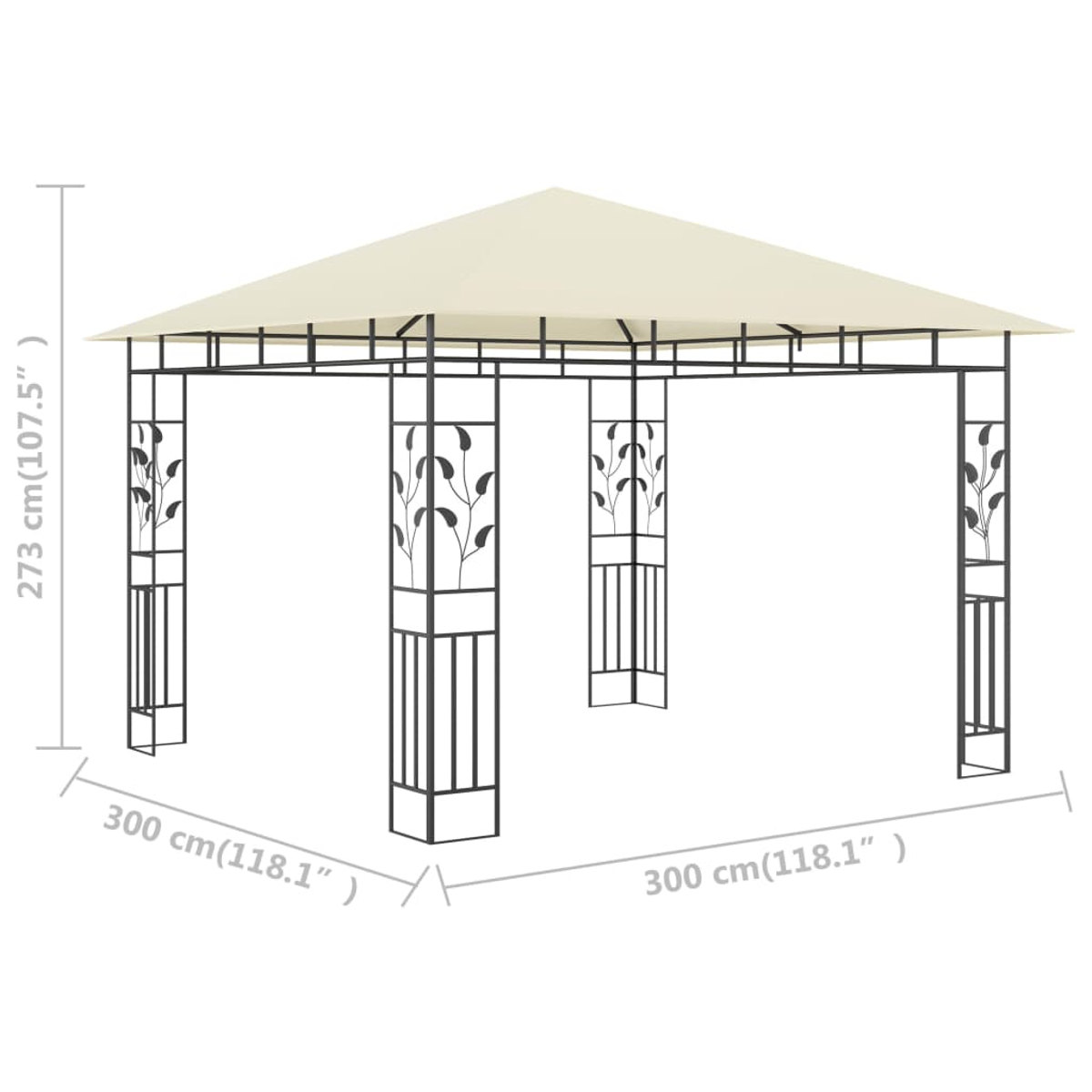 Ein beigefarbener Pavillon mit schwarzem Metallrahmen. Abmessungen: 273 cm hoch und 300 cm breit. Details sind Blattmuster auf Säulen.