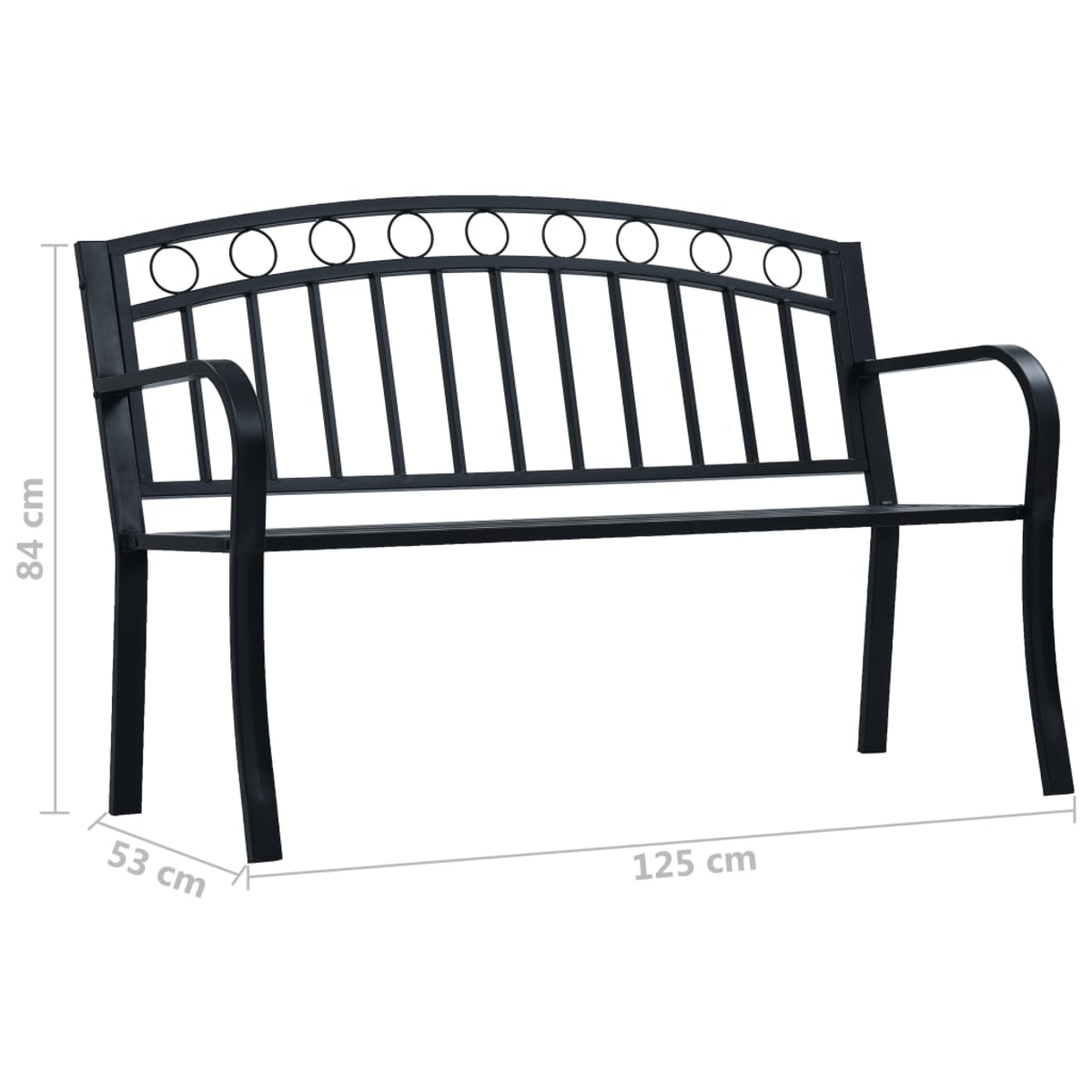 Eine schwarze Gartenbank aus Metall. Sie hat eine geschwungene Rückenlehne mit Kreisen, vertikalen Stäben und Armlehnen. Maße: 125 cm lang, 84 cm hoch, 53 cm tief.