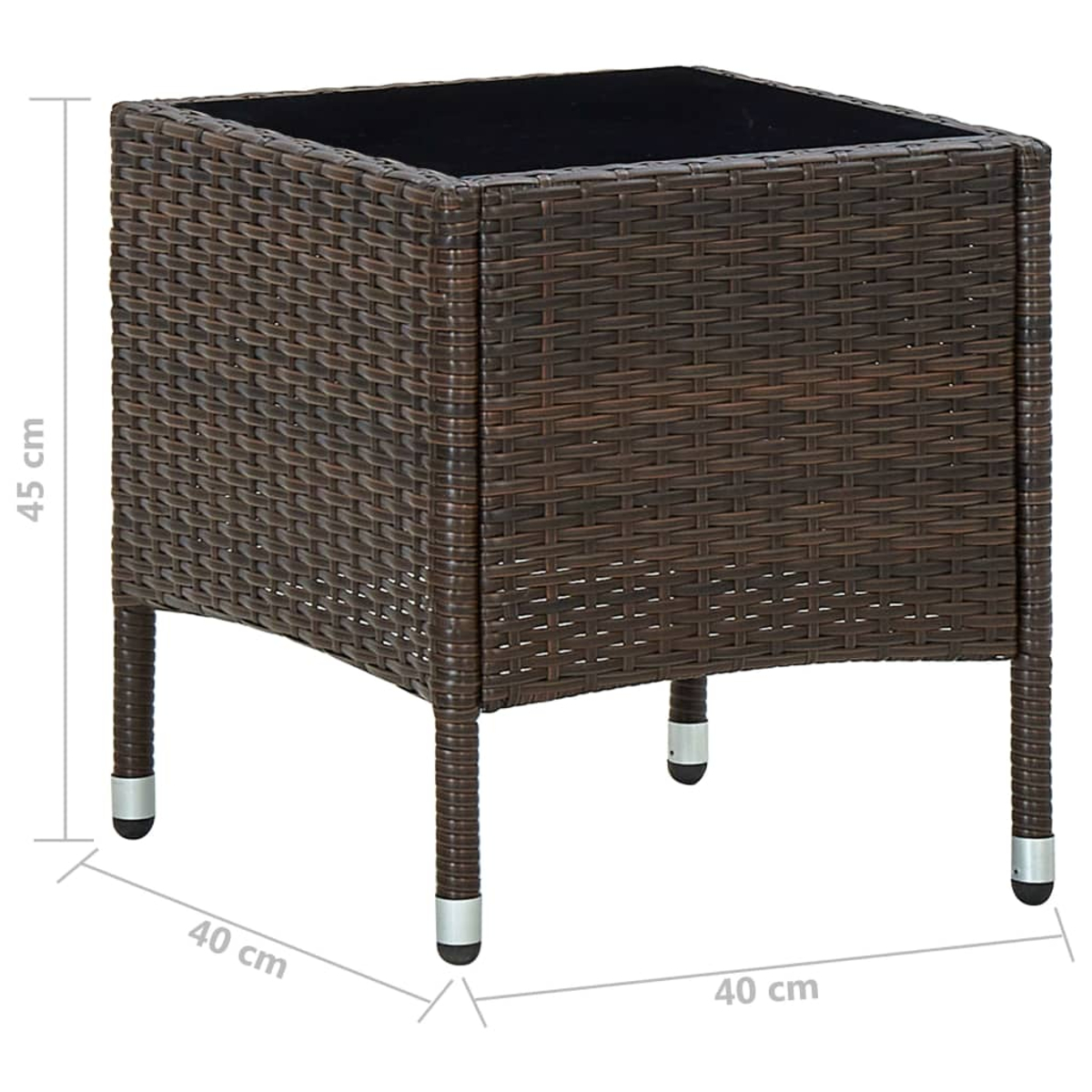 Ein brauner, gewebter quadratischer Rattantisch mit vier Beinen. Die Oberseite ist schwarz. Abmessungen sind 40x40x45 cm. Silberne Akzente an den Füßen.