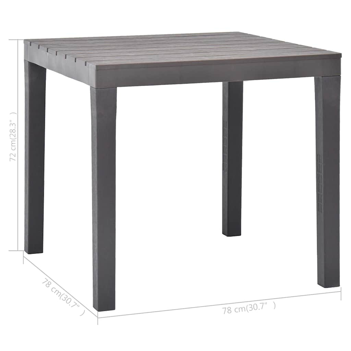 Ein quadratischer, dunkelgrauer Tisch mit vier Beinen. Die Oberseite hat Holzbretter. Maße sind angegeben.