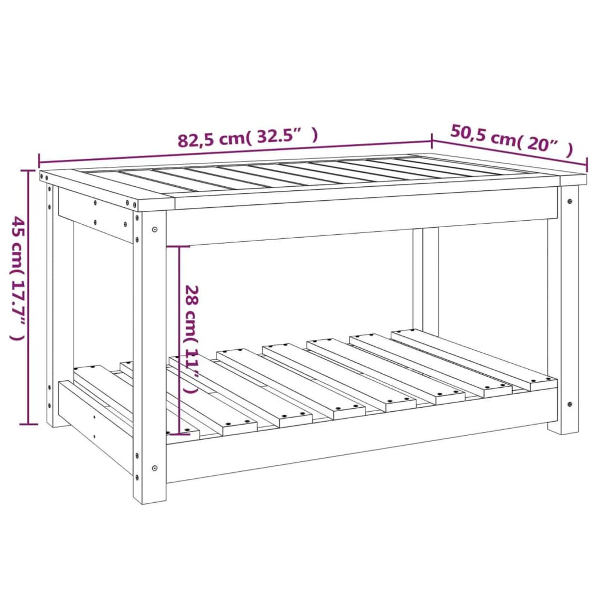 Ein weißer Holztisch mit beschrifteten Abmessungen. Der Tisch hat eine Lattenoberseite und ein unteres Regal mit Latten.