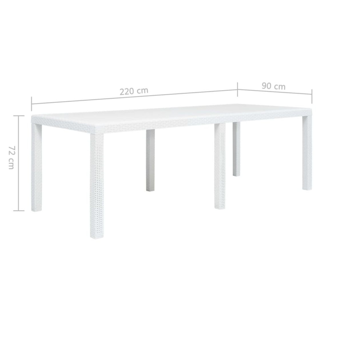 Ein weißer rechteckiger Tisch mit den Maßen: 220 cm lang, 90 cm breit und 72 cm hoch. Er hat 6 Beine.