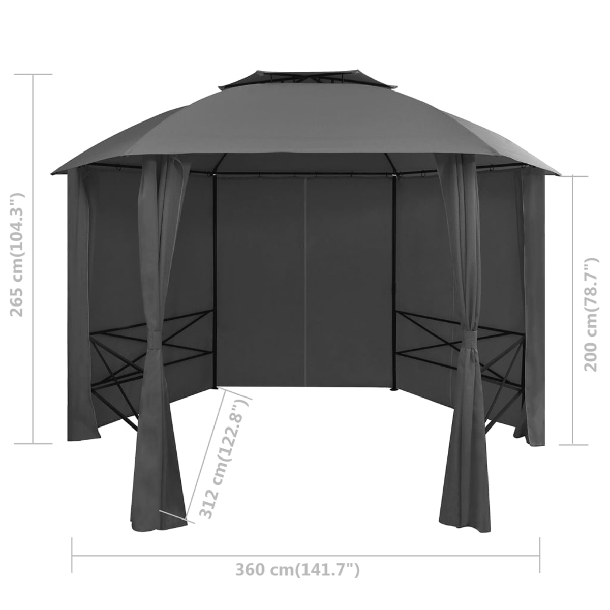 Ein grauer Pavillon mit Vorhängen wird gezeigt. Die Abmessungen sind beschriftet: 360 cm breit, 312 cm tief und 265 cm hoch. Die Höhe der Seite beträgt 200 cm.