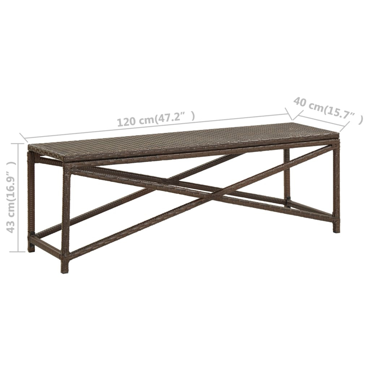 Eine braune Outdoor-Bank aus Webstoff. Sie ist 120 cm lang, 40 cm breit und 43 cm hoch. Der Rahmen ist braun mit X-förmiger Stütze.