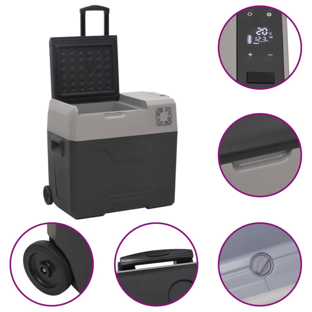 Ein tragbarer Kühlschrank in Schwarz und Grau. Er hat Räder, einen Griff und eine Digitalanzeige mit Temperatur.