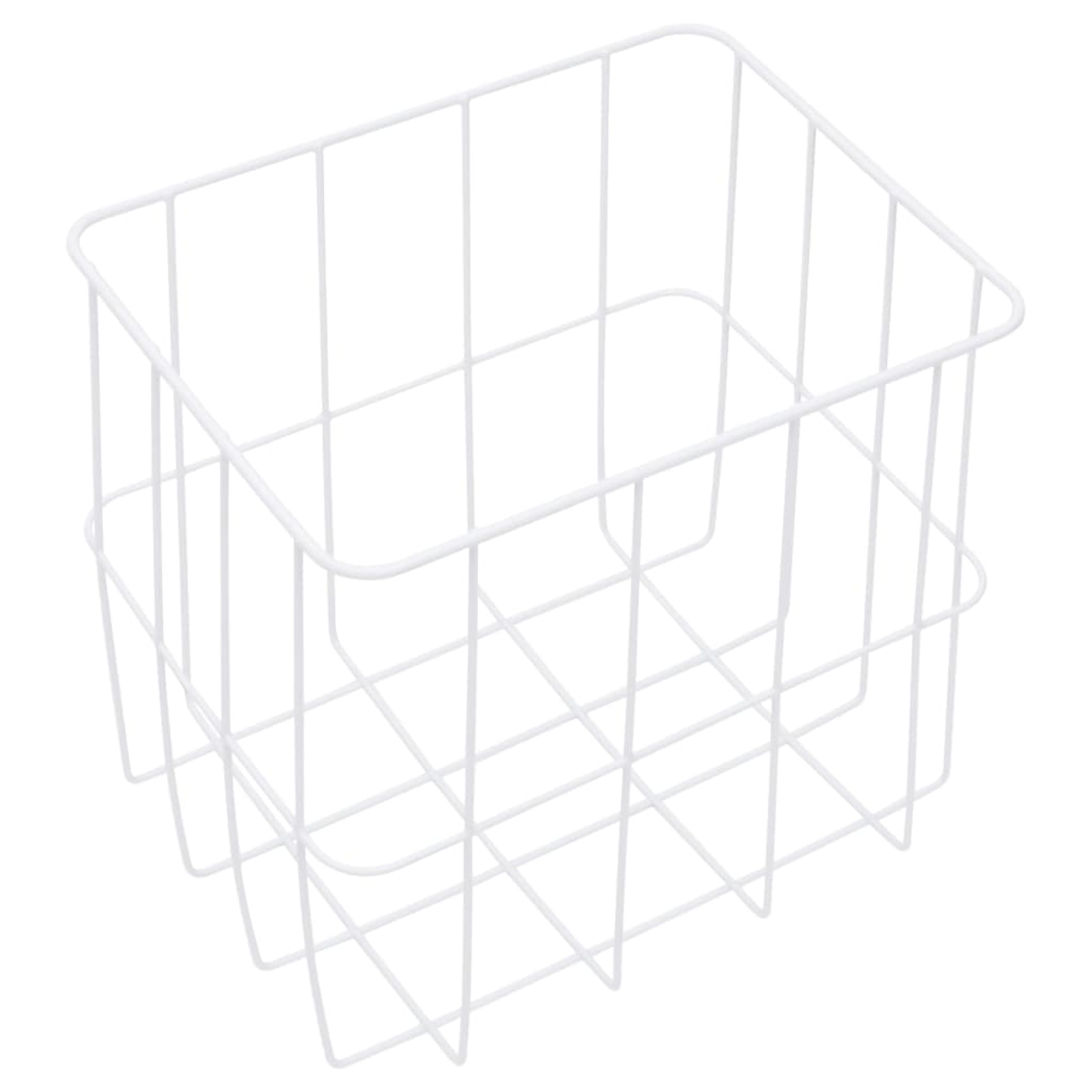 Ein weißer Drahtkorb mit rechteckiger Form. Der Korb ist leer und hat ein gitterartiges Design, mit weißem Hintergrund.