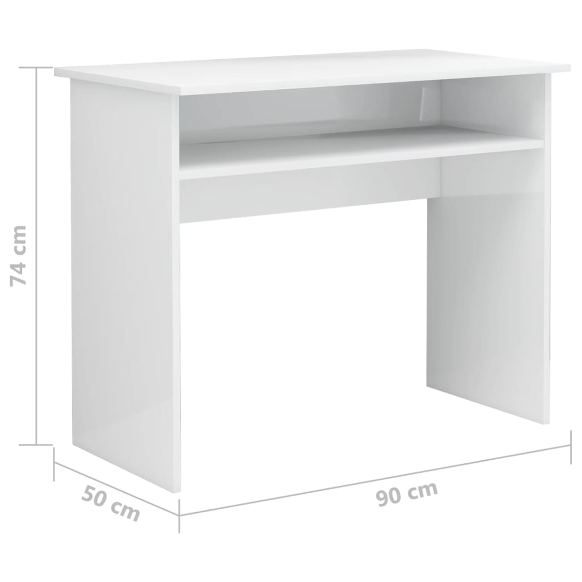 Ein weißer Schreibtisch mit einem Regal. Es hat die Maße 90 cm breit, 50 cm tief und 74 cm hoch. Der Schreibtisch ist schlicht und modern.